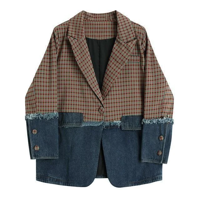 Plaid Denim Oversized Blazer Women - Casual - Patchwork