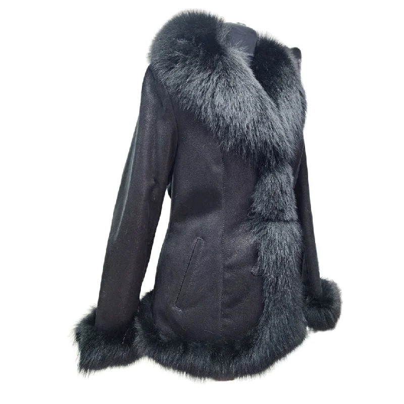 Astrid black shearling coat with fox fur trim