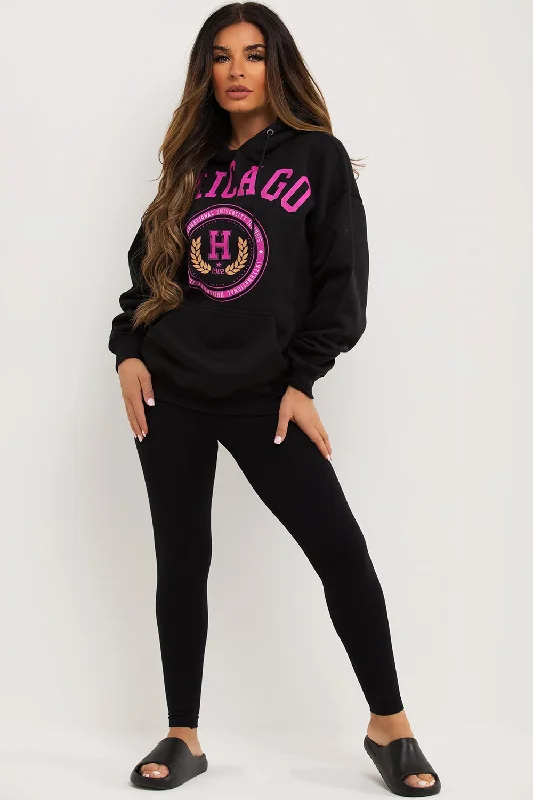 Black Oversized Hoodie With Chicago Print