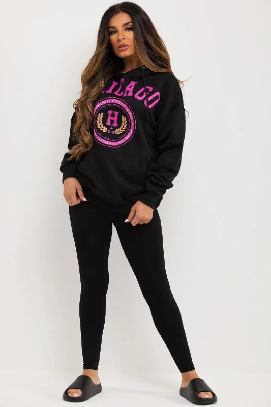 Black Oversized Hoodie With Chicago Print