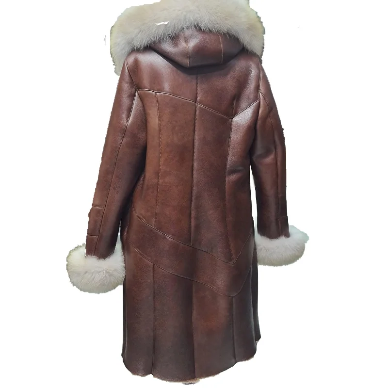 Burnett Brown Shearling coat with large fox fur hoodie and trim