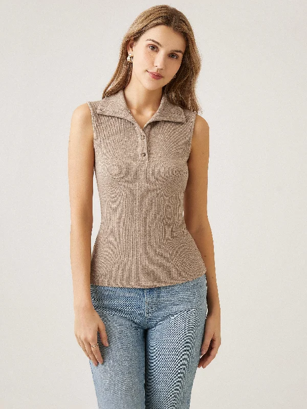 Cashsoft Thick Rib Turtleneck Buttoned Henley Tank Top