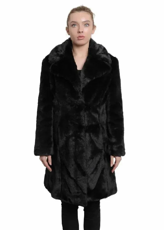 De La Creme - Womens Faux Fur Large Lapel Mid Length Coat