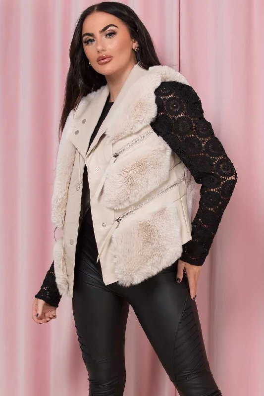 Faux Fur Faux Leather Gilet Cream