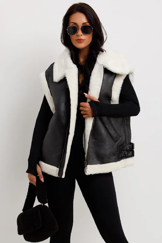 Faux Shearling Aviator Gilet In Faux Leather Black