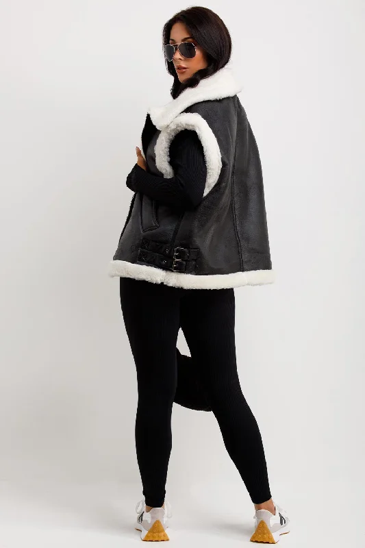 Faux Shearling Aviator Gilet In Faux Leather Black