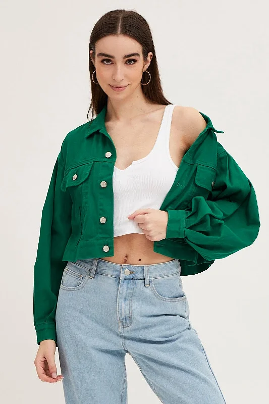 Green Long Sleeve Cropped Denim Jacket