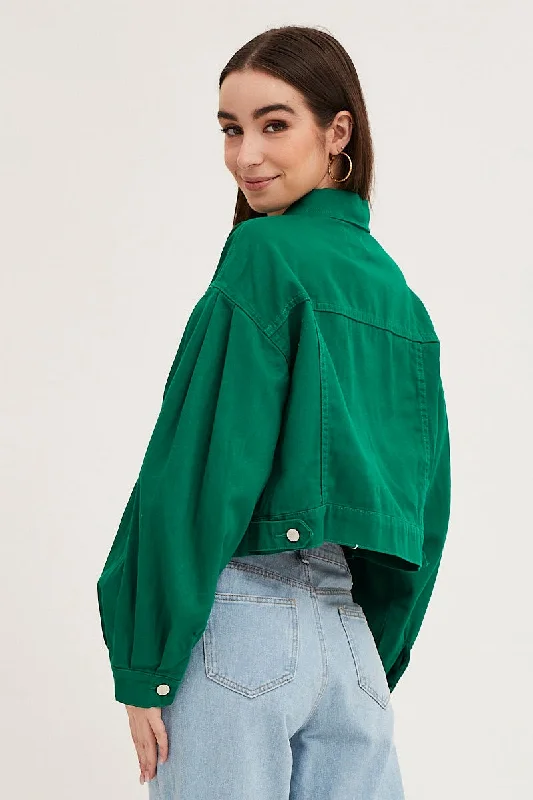 Green Long Sleeve Cropped Denim Jacket