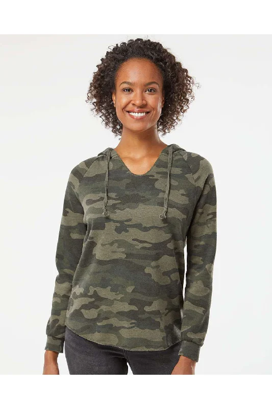 Independent Trading Co. Womens California Wave Wash Hooded Sweatshirt Hoodie - Heather Forest Green Camo - NEW