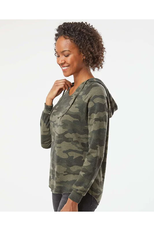 Independent Trading Co. Womens California Wave Wash Hooded Sweatshirt Hoodie - Heather Forest Green Camo - NEW