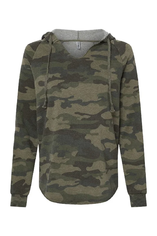 Independent Trading Co. Womens California Wave Wash Hooded Sweatshirt Hoodie - Heather Forest Green Camo - NEW