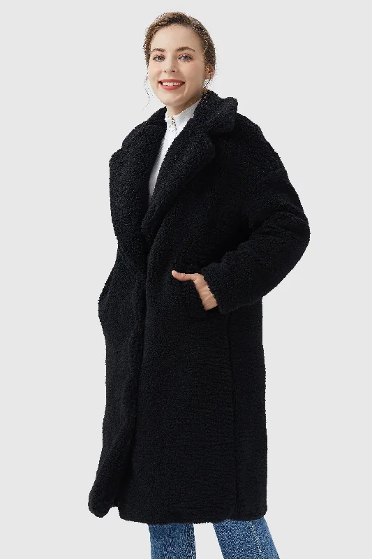 Knee Length Fuzzy Fleece Lapel Down Coat