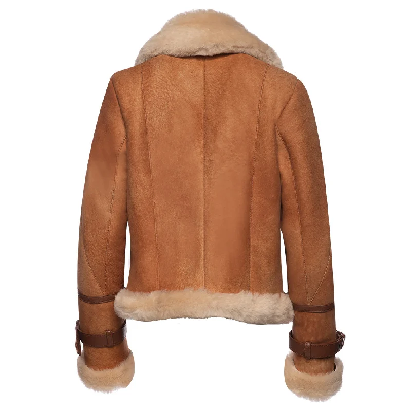 Kristy Vintage Cognac Womens Crop Shearling Bomber Jacket