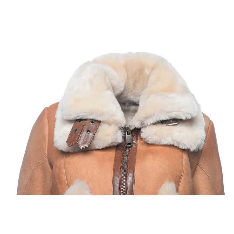 Kristy Vintage Cognac Womens Crop Shearling Bomber Jacket