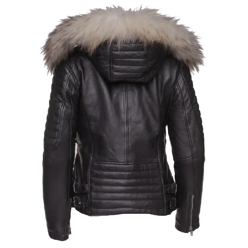 Larissa's Black Leather Jacket with Hoodie and Fur Trim