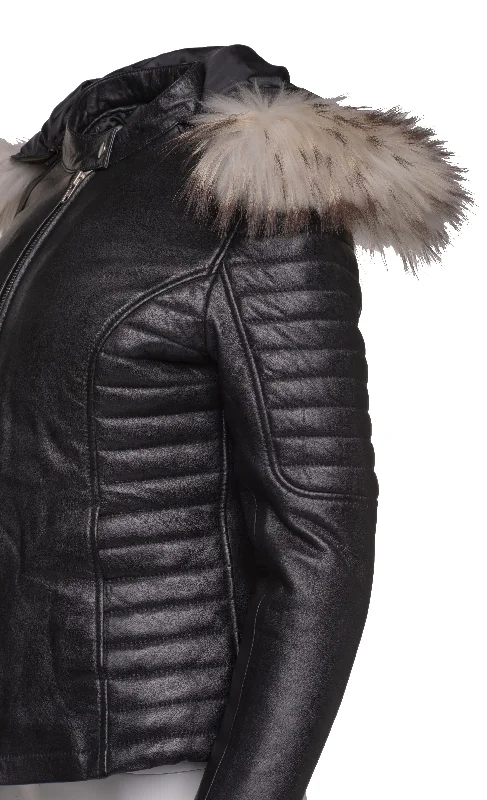 Larissa's Black Leather Jacket with Hoodie and Fur Trim