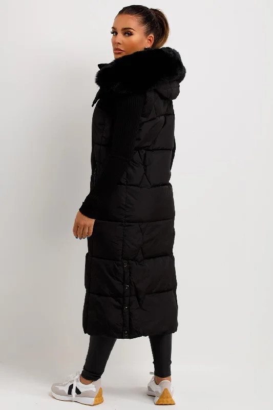 Long Puffer Gilet With Faux Fur Hood Black