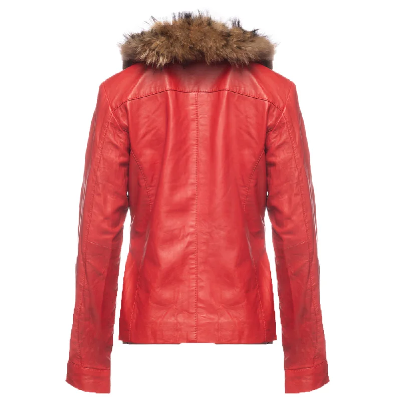 Palmyra Rose Red Leather Jacket With Fur Collar