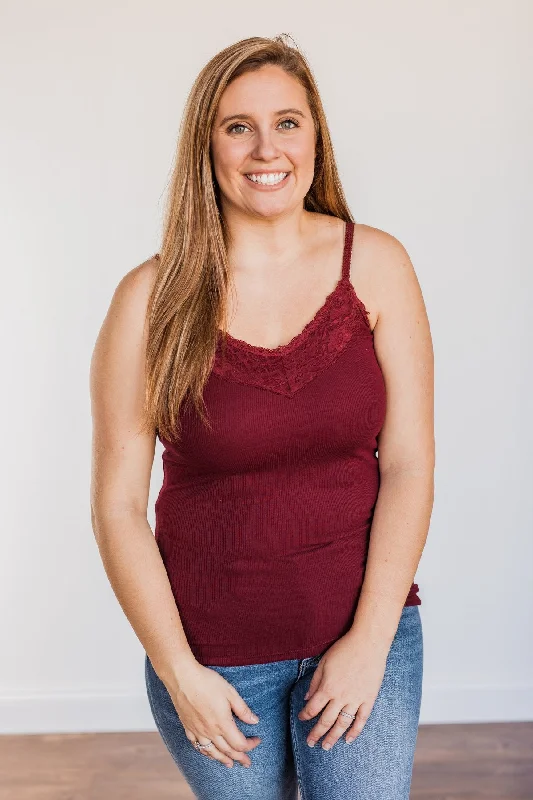 Pulse Basics Lace Trimmed Tank Top- Burgundy