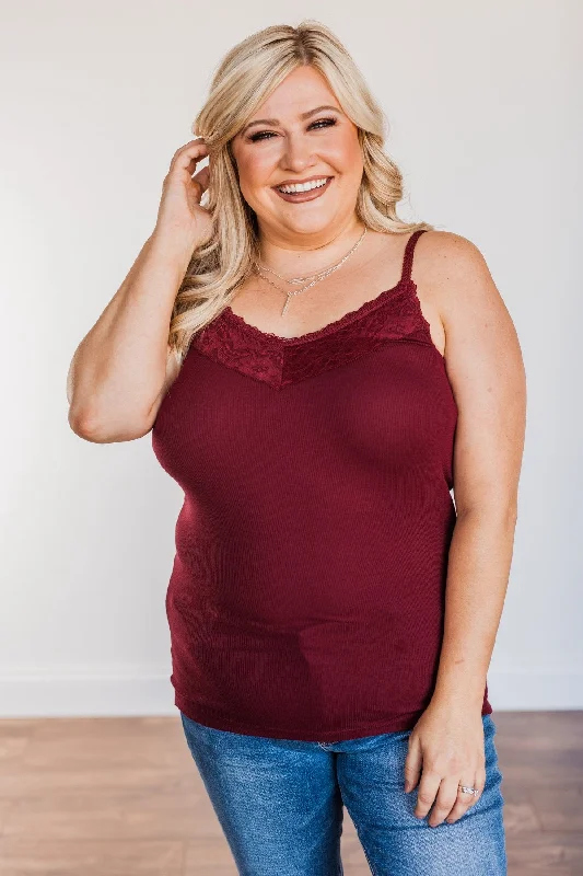 Pulse Basics Lace Trimmed Tank Top- Burgundy