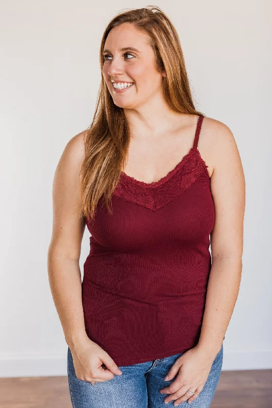 Pulse Basics Lace Trimmed Tank Top- Burgundy