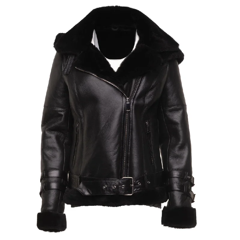 Sofie's black biker style sheepskin shearling jacket with hoodie