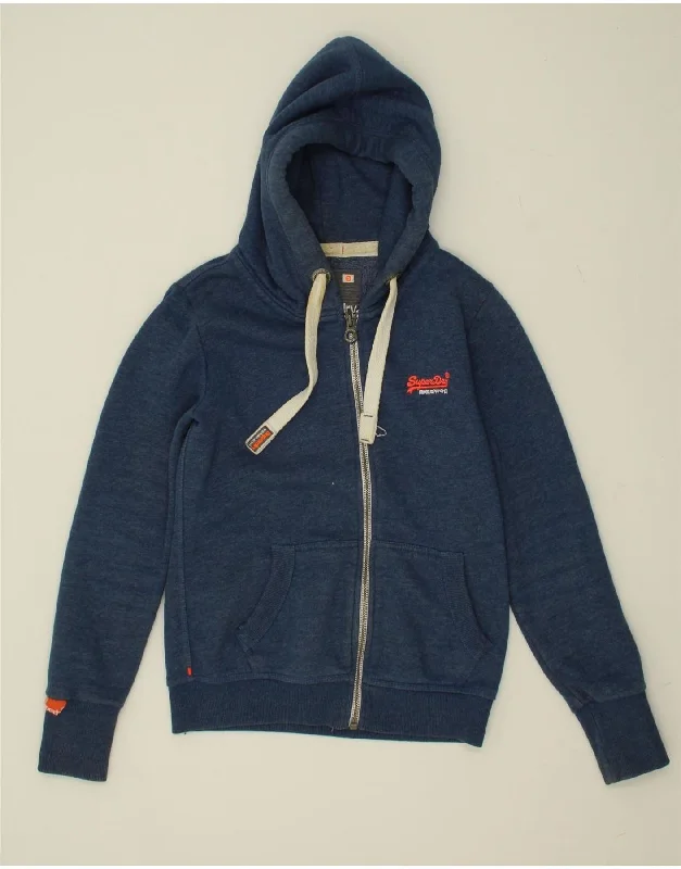 SUPERDRY Womens Zip Hoodie Sweater UK 10 Small Navy Blue Cotton