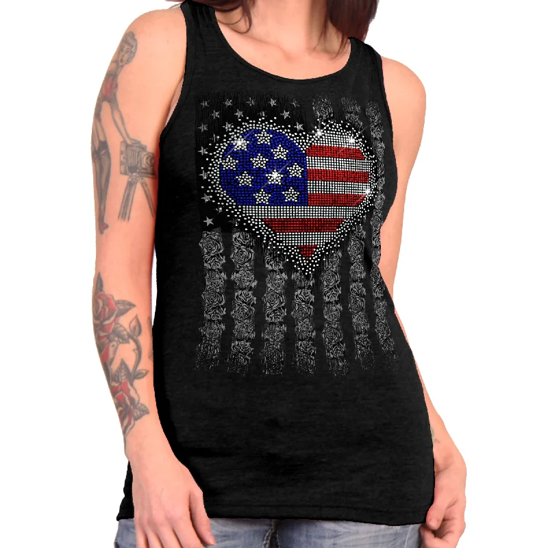 Hot Leathers GLR2559 Ladies Black Heart Bling Flag Tank Top