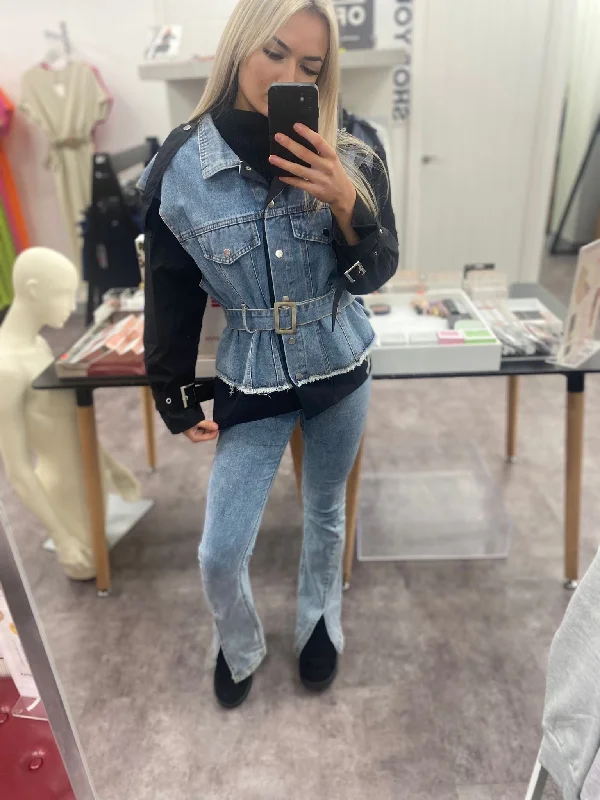 VIENNA INSIDE BLACK SHIRT PANELLED DENIM BELTED JACKET