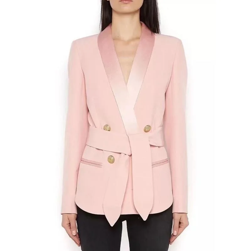 Women Blazer With Belt Double Breasted, Shawl Collar