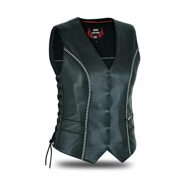 Women's Black Leather Motorcycle Bling Vest With Rhinestone Detailing