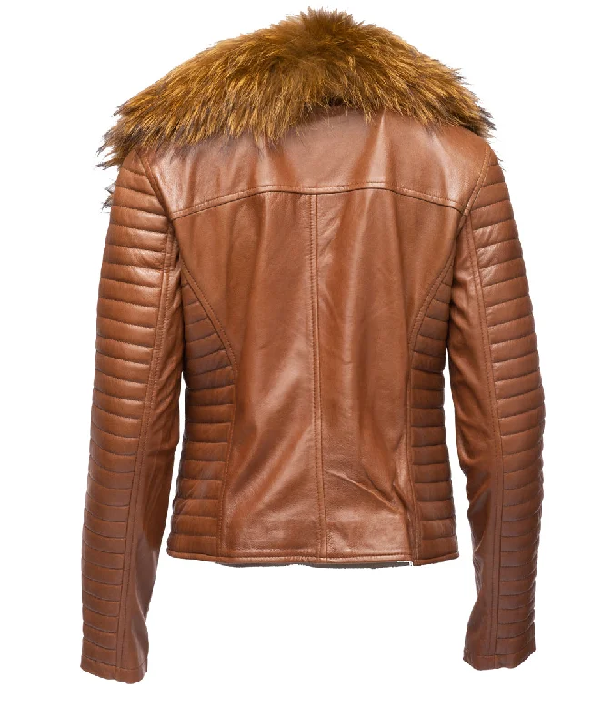 Women's Large Fur Shawl leather jacket with ribbed sleeve detailing