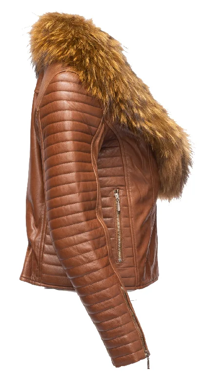 Women's Large Fur Shawl leather jacket with ribbed sleeve detailing