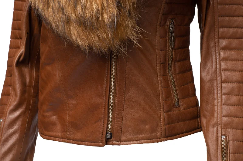 Women's Large Fur Shawl leather jacket with ribbed sleeve detailing