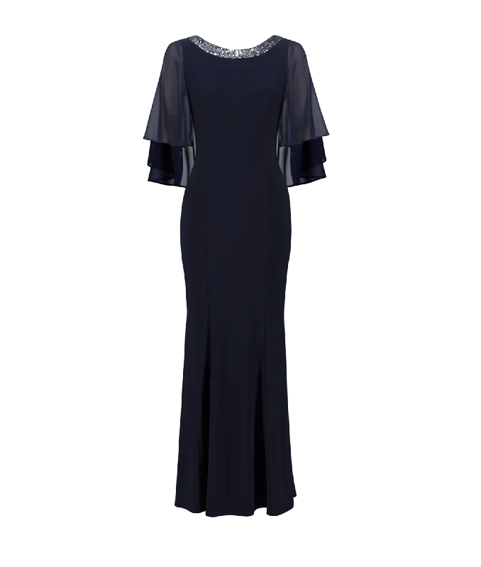 Rounded Neckline Sheer Sleeve Dress Style - Navy