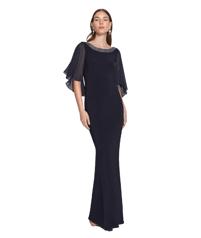 Rounded Neckline Sheer Sleeve Dress Style - Navy