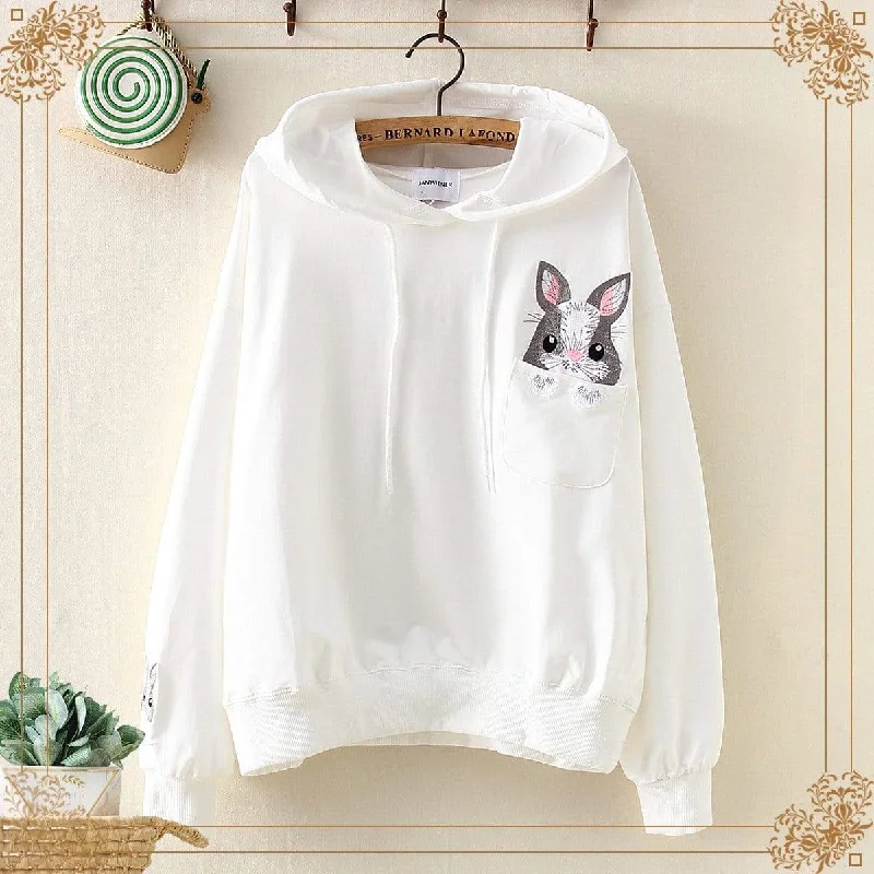 Women's Kawaii Bunny Embroidered Pure Color Hoodies 