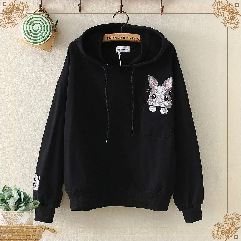 Women's Kawaii Bunny Embroidered Pure Color Hoodies 