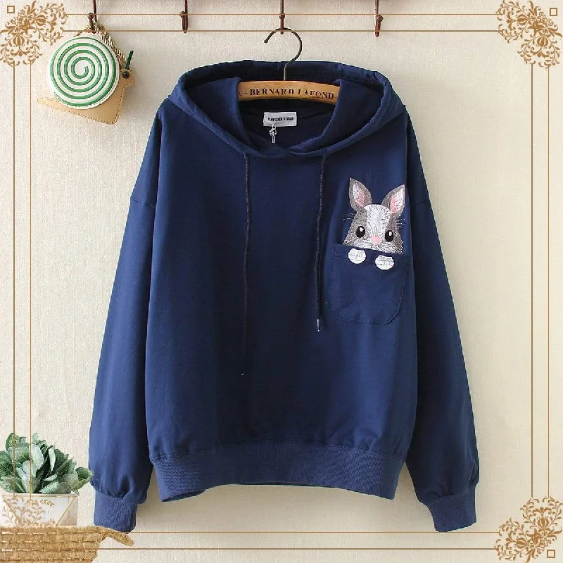 Women's Kawaii Bunny Embroidered Pure Color Hoodies 