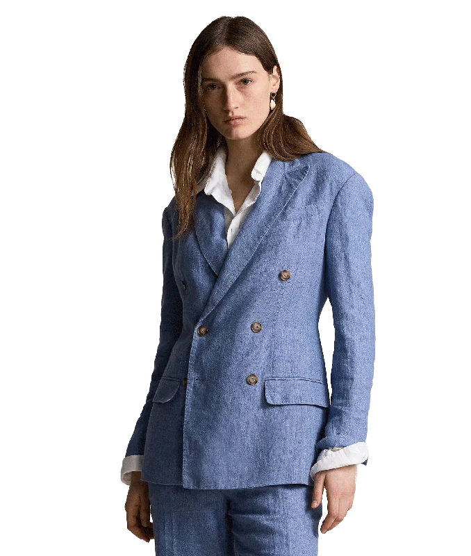 Double-breasted Linen Blazer - Blue