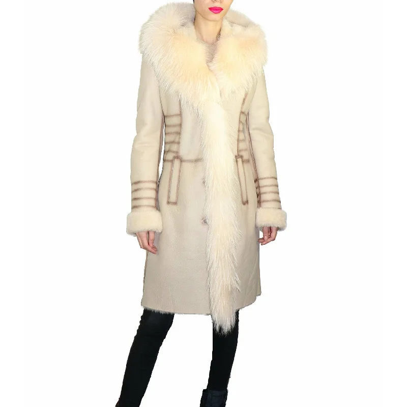 Zooloo Women's Sheepskin Shearling Coat with Fox Trim