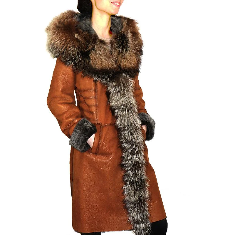 Zooloo Women's Sheepskin Shearling Coat with Fox Trim