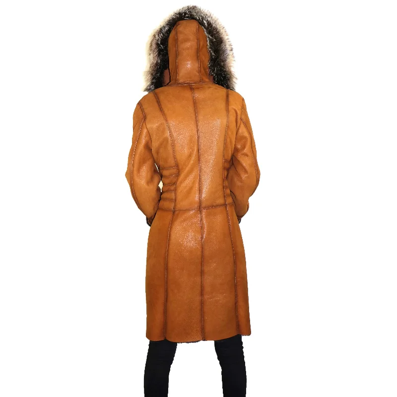 Zooloo Women's Sheepskin Shearling Coat with Fox Trim