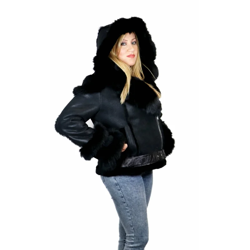 Zooloo Women's Sheepskin Shearling Jacket with Fox Trim