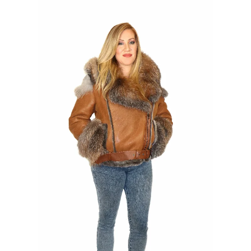 Zooloo Women's Sheepskin Shearling Jacket with Fox Trim