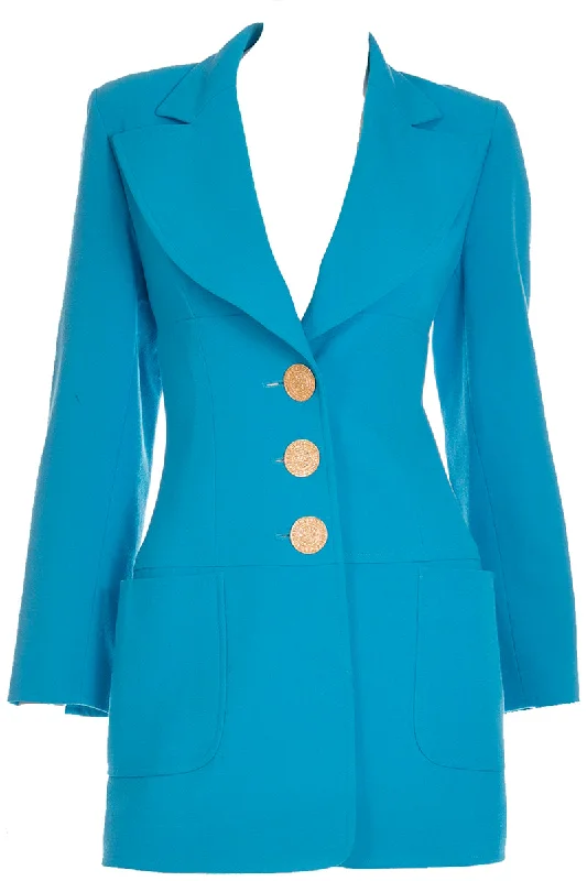 1995 Christian Lacroix Paris Peacock Blue Wool Jacket with Gold Buttons