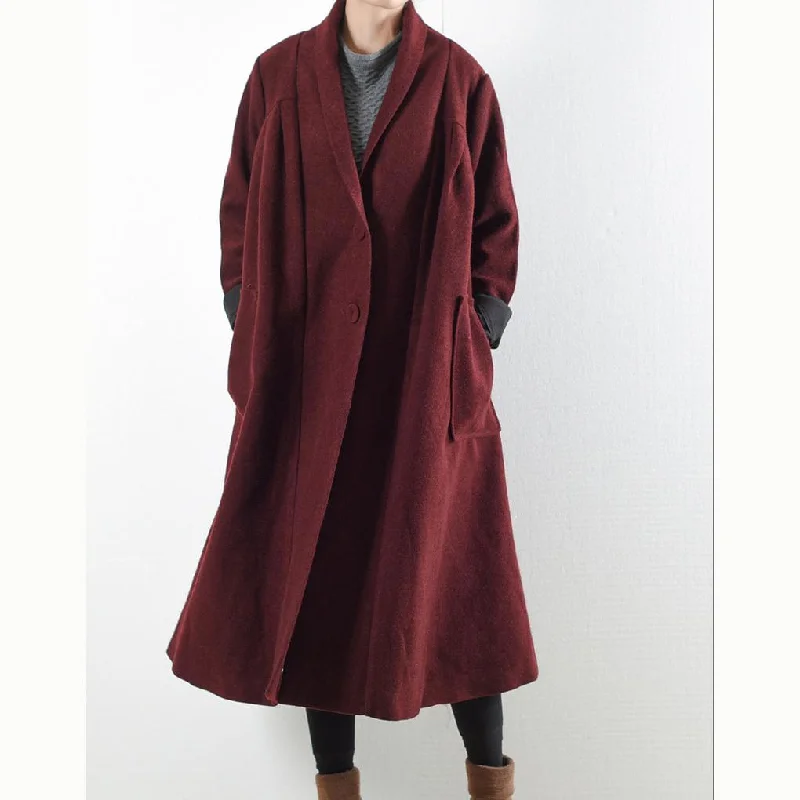 2017 winter burgundy woolen coats plus size vintage trench coat