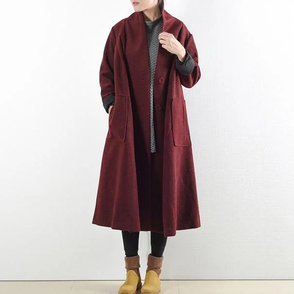 2017 winter burgundy woolen coats plus size vintage trench coat