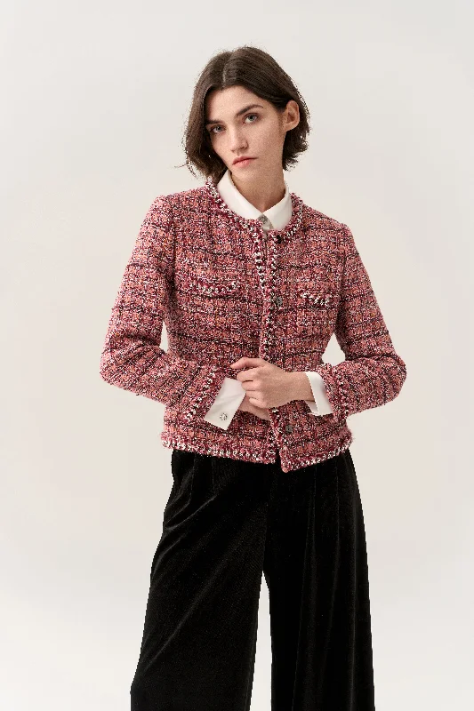 Checked Braid-trim Patch Pocket Tweed Jacket