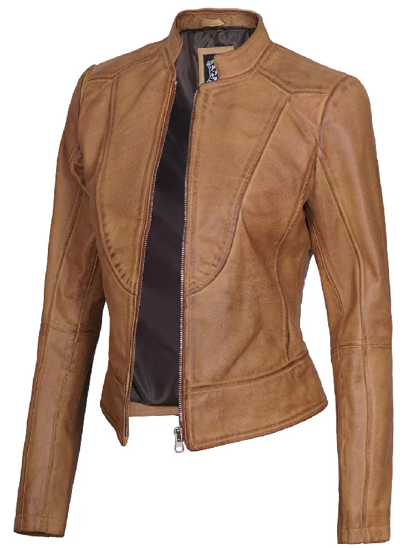 Amy Womens Camel Leather Moto Jacket